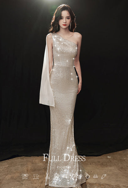Gorgeous Sparkly Evening Sexy Elegant Women Banquet Temperament One Shoulder Wink Blink Fishtail Dress