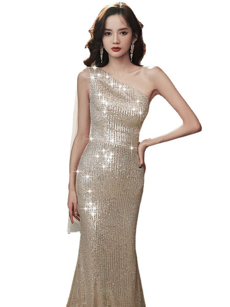 Gorgeous Sparkly Evening Sexy Elegant Women Banquet Temperament One Shoulder Wink Blink Fishtail Dress