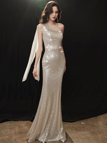 Gorgeous Sparkly Evening Sexy Elegant Women Banquet Temperament One Shoulder Wink Blink Fishtail Dress