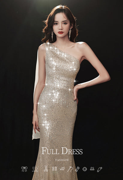 Gorgeous Sparkly Evening Sexy Elegant Women Banquet Temperament One Shoulder Wink Blink Fishtail Dress