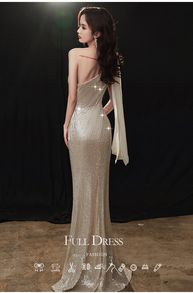 Gorgeous Sparkly Evening Sexy Elegant Women Banquet Temperament One Shoulder Wink Blink Fishtail Dress