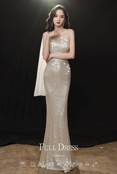 Gorgeous Sparkly Evening Sexy Elegant Women Banquet Temperament One Shoulder Wink Blink Fishtail Dress