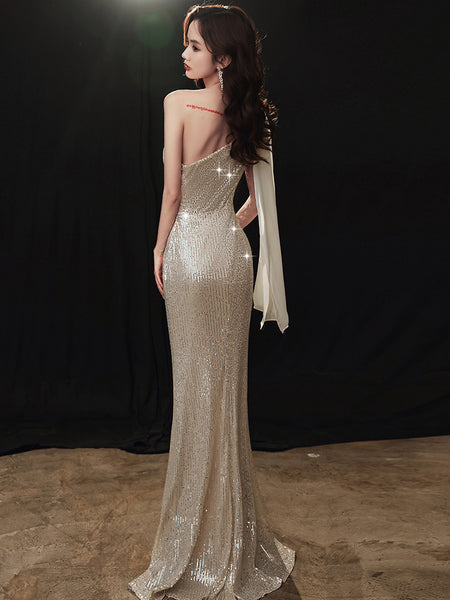 Gorgeous Sparkly Evening Sexy Elegant Women Banquet Temperament One Shoulder Wink Blink Fishtail Dress