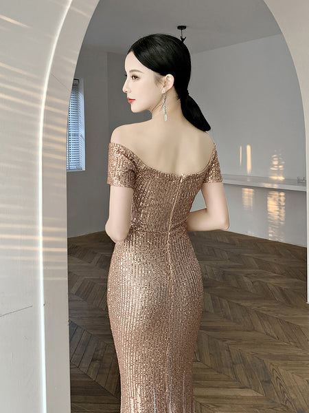 Gorgeous Sparkly Evening Women Elegant Banquet Temperament Fishtail Long Floor Length Dress