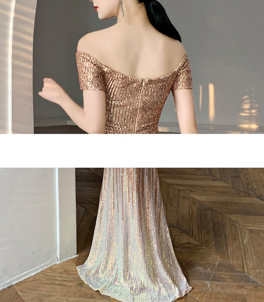 Gorgeous Sparkly Evening Women Elegant Banquet Temperament Fishtail Long Floor Length Dress