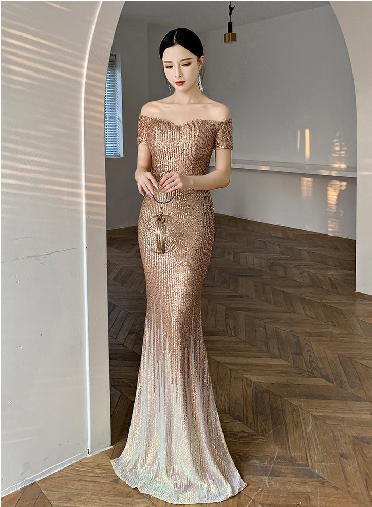 Gorgeous Sparkly Evening Women Elegant Banquet Temperament Fishtail Long Floor Length Dress