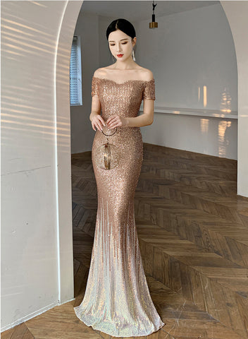 Gorgeous Sparkly Evening Women Elegant Banquet Temperament Fishtail Long Floor Length Dress