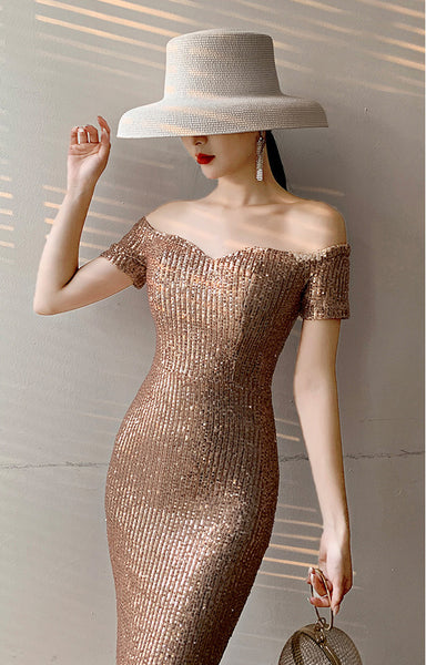 Gorgeous Sparkly Evening Women Elegant Banquet Temperament Fishtail Long Floor Length Dress