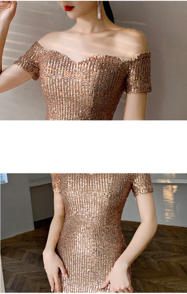 Gorgeous Sparkly Evening Women Elegant Banquet Temperament Fishtail Long Floor Length Dress