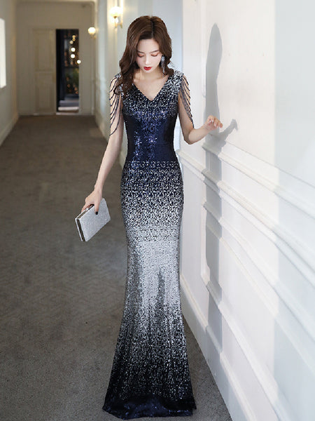 Sparkly Temperament Banquet Evening Gorgeous Shoulder Tassel V Neck Long Fishtail Dress