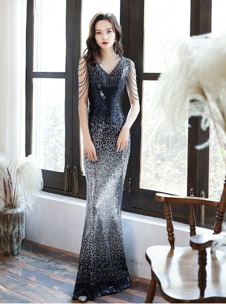 Sparkly Temperament Banquet Evening Gorgeous Shoulder Tassel V Neck Long Fishtail Dress