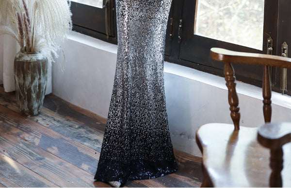 Sparkly Temperament Banquet Evening Gorgeous Shoulder Tassel V Neck Long Fishtail Dress
