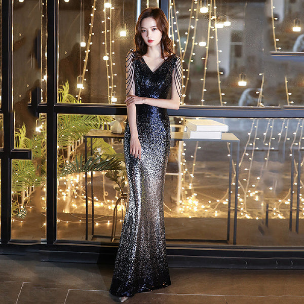 Sparkly Temperament Banquet Evening Gorgeous Shoulder Tassel V Neck Long Fishtail Dress