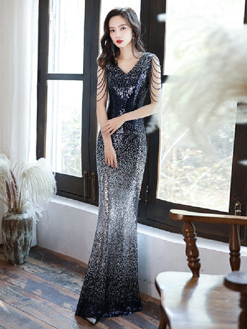 Sparkly Temperament Banquet Evening Gorgeous Shoulder Tassel V Neck Long Fishtail Dress