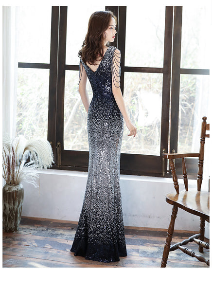 Sparkly Temperament Banquet Evening Gorgeous Shoulder Tassel V Neck Long Fishtail Dress
