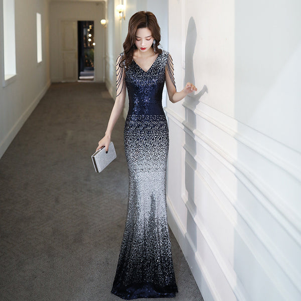 Sparkly Temperament Banquet Evening Gorgeous Shoulder Tassel V Neck Long Fishtail Dress
