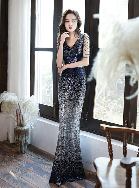 Sparkly Temperament Banquet Evening Gorgeous Shoulder Tassel V Neck Long Fishtail Dress