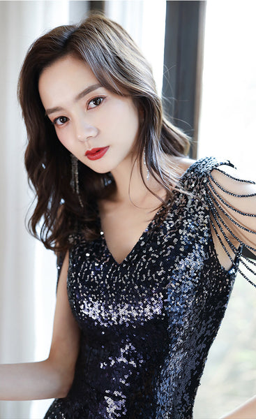 Sparkly Temperament Banquet Evening Gorgeous Shoulder Tassel V Neck Long Fishtail Dress