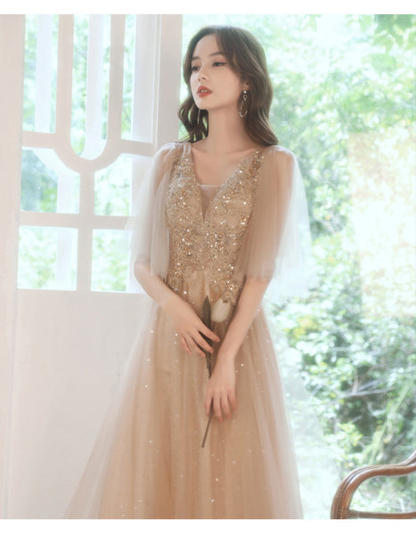 Sparkly Fairy Temperament Women Evening Champagne Embroidered Bridesmaid Long Floor Length Gowns Dress