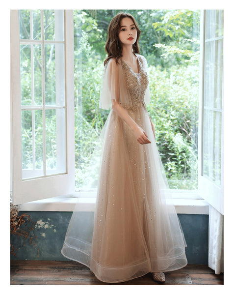 Sparkly Fairy Temperament Women Evening Champagne Embroidered Bridesmaid Long Floor Length Gowns Dress