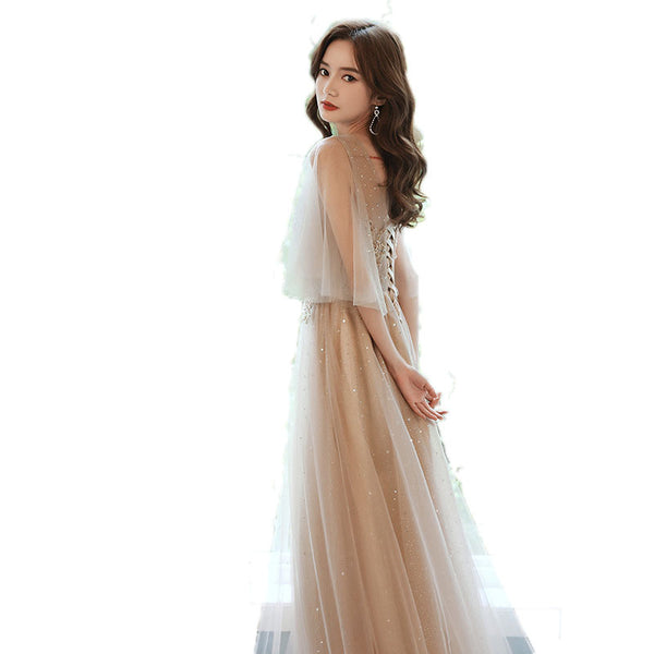 Sparkly Fairy Temperament Women Evening Champagne Embroidered Bridesmaid Long Floor Length Gowns Dress