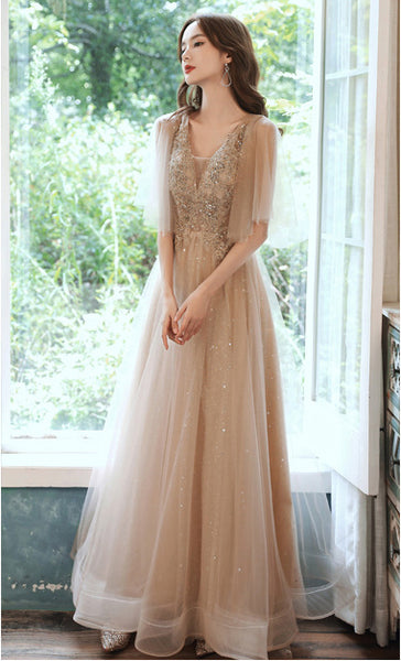 Sparkly Fairy Temperament Women Evening Champagne Embroidered Bridesmaid Long Floor Length Gowns Dress