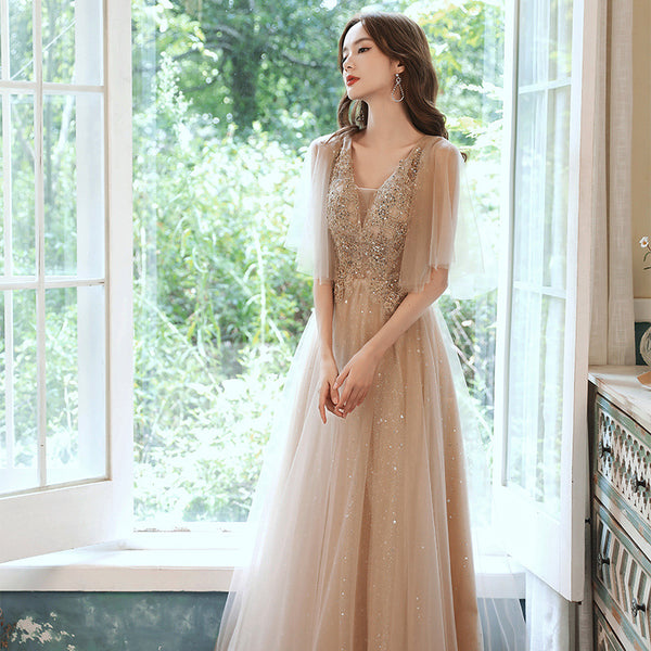Sparkly Fairy Temperament Women Evening Champagne Embroidered Bridesmaid Long Floor Length Gowns Dress