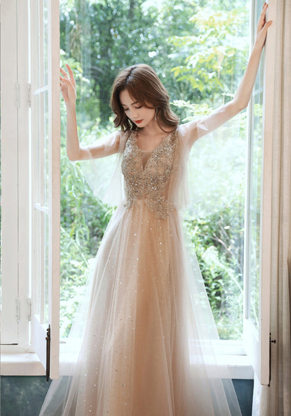 Sparkly Fairy Temperament Women Evening Champagne Embroidered Bridesmaid Long Floor Length Gowns Dress