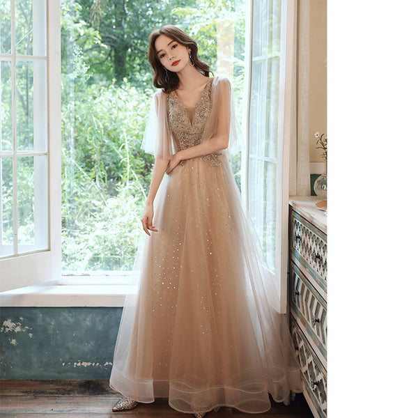 Sparkly Fairy Temperament Women Evening Champagne Embroidered Bridesmaid Long Floor Length Gowns Dress