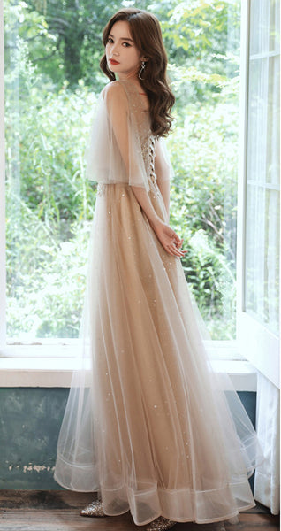 Sparkly Fairy Temperament Women Evening Champagne Embroidered Bridesmaid Long Floor Length Gowns Dress