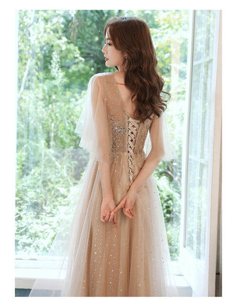 Sparkly Fairy Temperament Women Evening Champagne Embroidered Bridesmaid Long Floor Length Gowns Dress