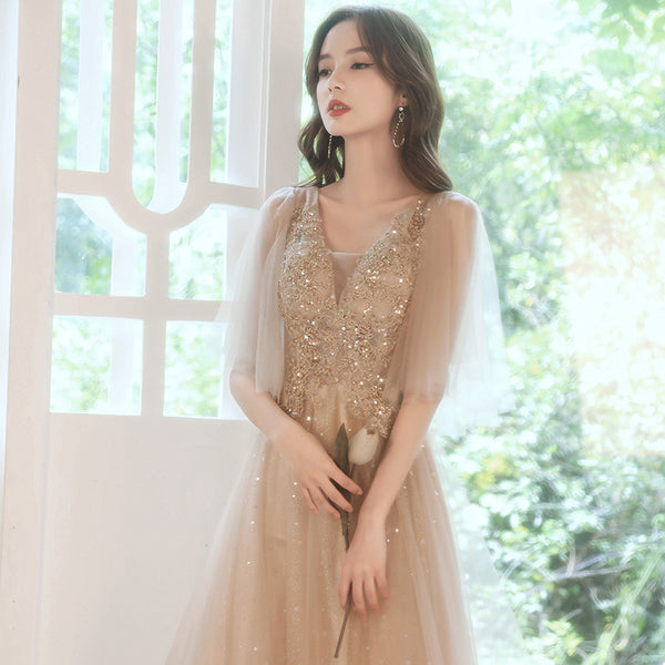 Sparkly Fairy Temperament Women Evening Champagne Embroidered Bridesmaid Long Floor Length Gowns Dress