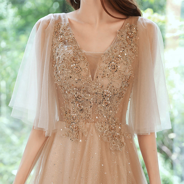 Sparkly Fairy Temperament Women Evening Champagne Embroidered Bridesmaid Long Floor Length Gowns Dress