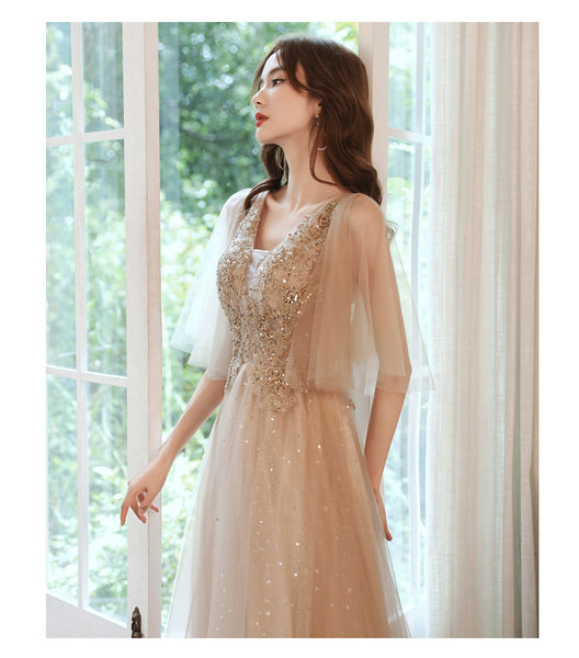 Sparkly Fairy Temperament Women Evening Champagne Embroidered Bridesmaid Long Floor Length Gowns Dress