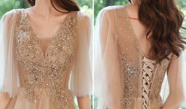 Sparkly Fairy Temperament Women Evening Champagne Embroidered Bridesmaid Long Floor Length Gowns Dress