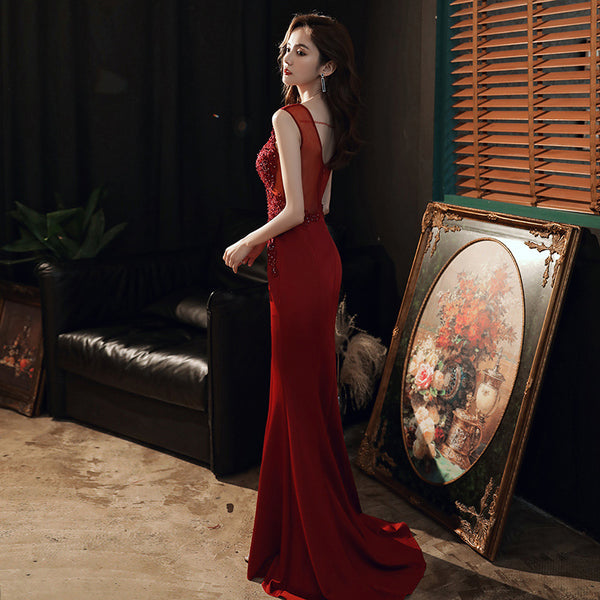 Fairy Temperament Attractive Women Evening V Neck Sleeveless Bridesmaid Long Fishtail Dress