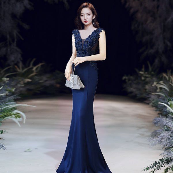 Fairy Temperament Attractive Women Evening V Neck Sleeveless Bridesmaid Long Fishtail Dress