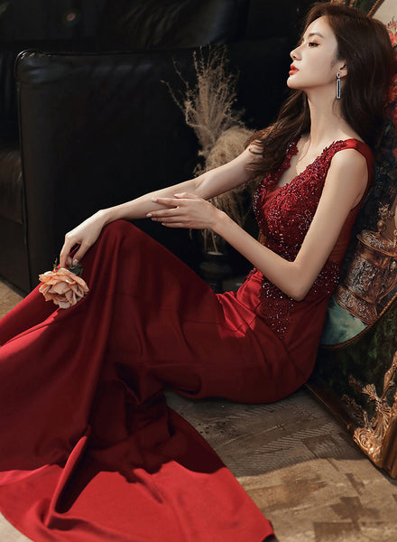 Fairy Temperament Attractive Women Evening V Neck Sleeveless Bridesmaid Long Fishtail Dress