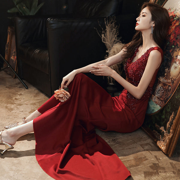 Fairy Temperament Attractive Women Evening V Neck Sleeveless Bridesmaid Long Fishtail Dress