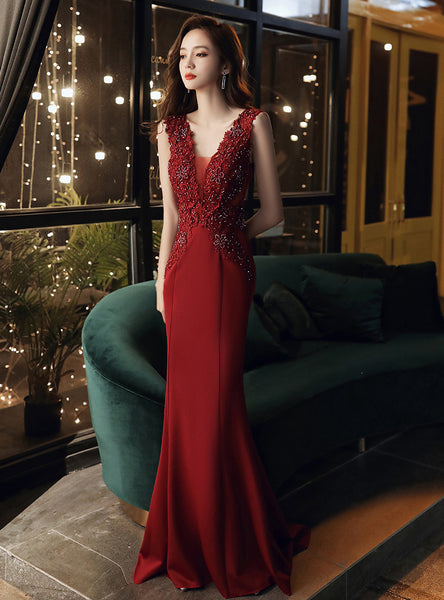 Fairy Temperament Attractive Women Evening V Neck Sleeveless Bridesmaid Long Fishtail Dress