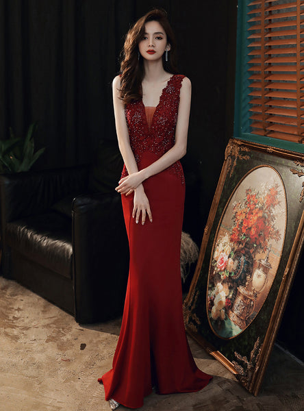 Fairy Temperament Attractive Women Evening V Neck Sleeveless Bridesmaid Long Fishtail Dress