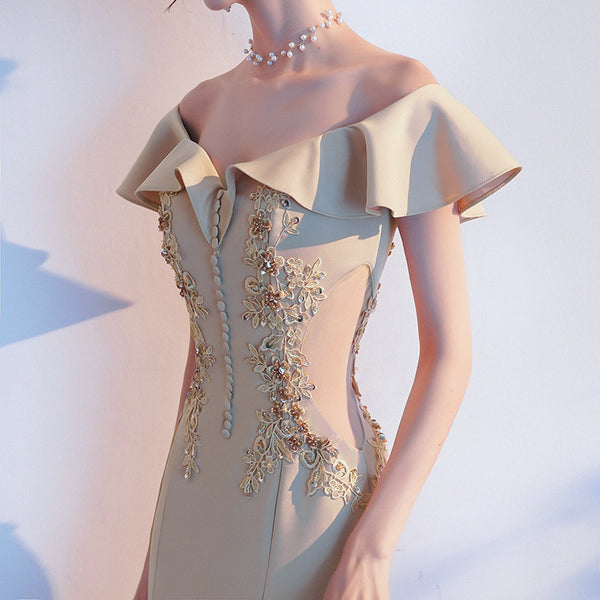 Perfect Look Beautiful Evening Banquet Temperament Sexy Solid Color Off Shoulder Fishtail Long Dress