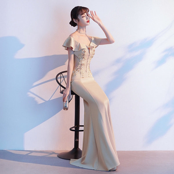 Perfect Look Beautiful Evening Banquet Temperament Sexy Solid Color Off Shoulder Fishtail Long Dress