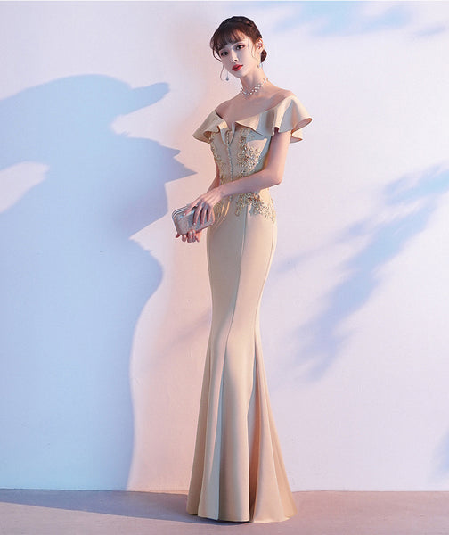 Perfect Look Beautiful Evening Banquet Temperament Sexy Solid Color Off Shoulder Fishtail Long Dress