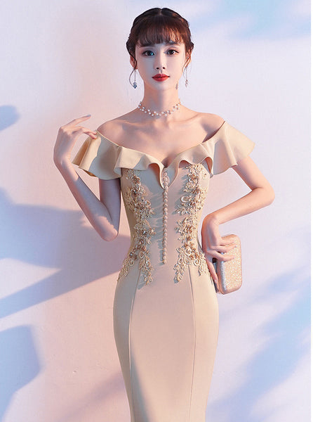 Perfect Look Beautiful Evening Banquet Temperament Sexy Solid Color Off Shoulder Fishtail Long Dress
