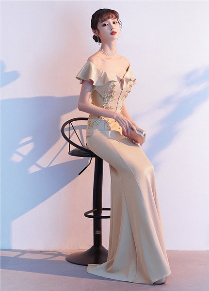 Perfect Look Beautiful Evening Banquet Temperament Sexy Solid Color Off Shoulder Fishtail Long Dress