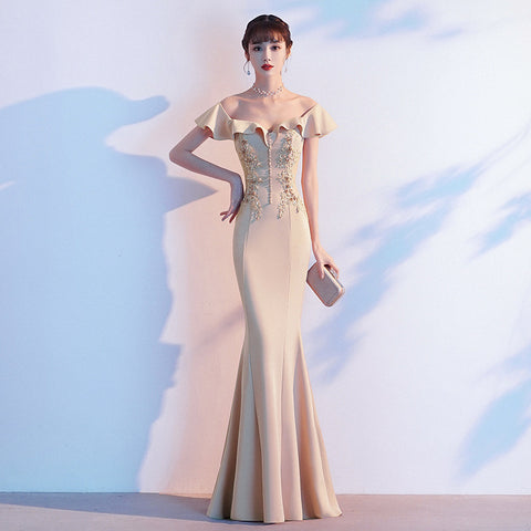 Perfect Look Beautiful Evening Banquet Temperament Sexy Solid Color Off Shoulder Fishtail Long Dress