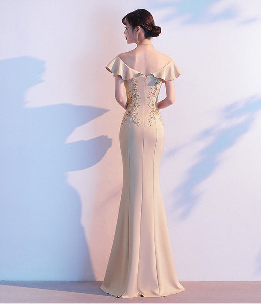 Perfect Look Beautiful Evening Banquet Temperament Sexy Solid Color Off Shoulder Fishtail Long Dress