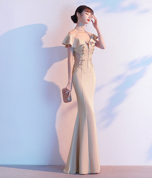 Perfect Look Beautiful Evening Banquet Temperament Sexy Solid Color Off Shoulder Fishtail Long Dress