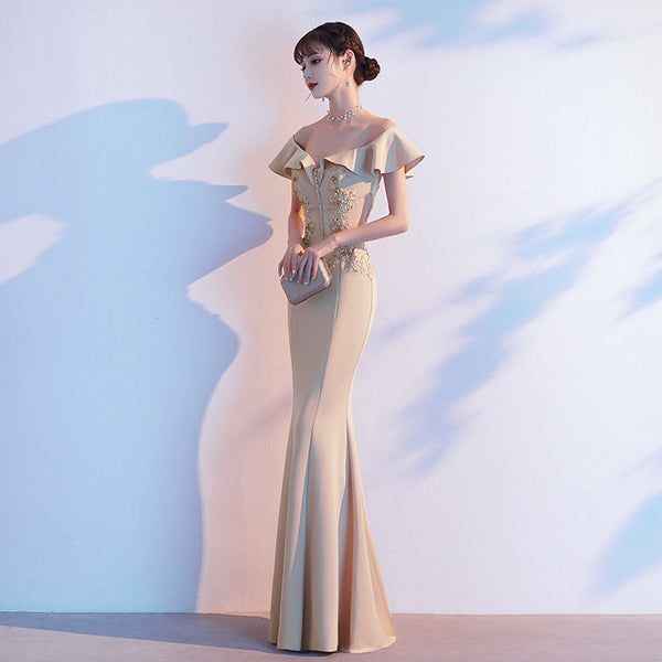 Perfect Look Beautiful Evening Banquet Temperament Sexy Solid Color Off Shoulder Fishtail Long Dress